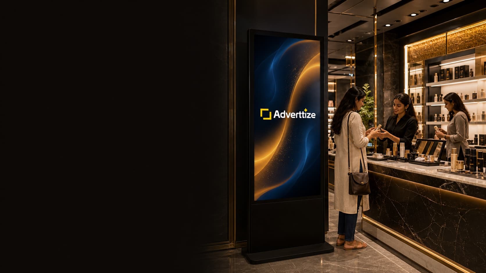 Adverttize branded retail media screen in a premium cosmetics store