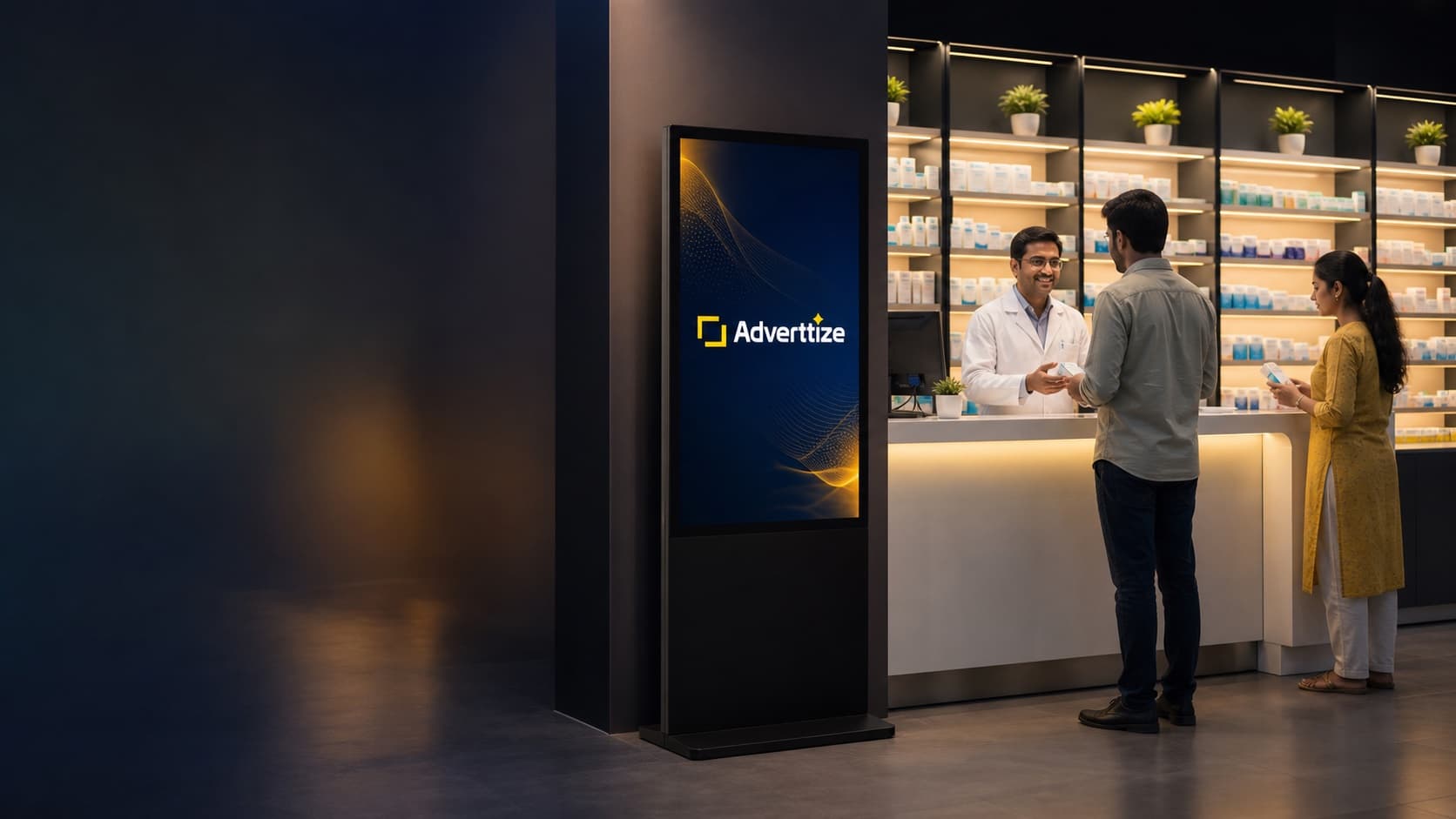 Adverttize digital screen installed in a modern Indian pharmacy
